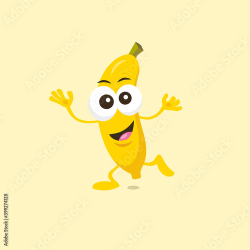 Illustration of cute happy banana mascot standing on one foot with big smile isolated on light background. Flat design style for your mascot branding.