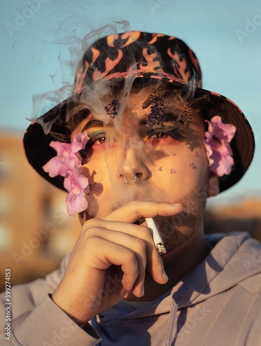 gay boy with piercing look, and modern style, flamboyant, eye-catching. Gay concept