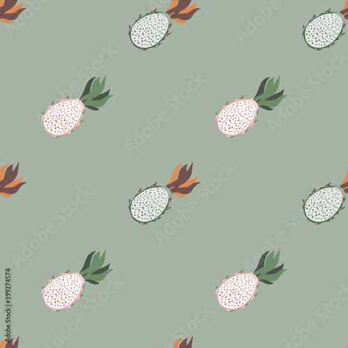 Minimalistic seamless pattern in pale tones with pitaya shapes. Grey background.