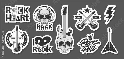 Rock and roll set stickers. Hard music patch. Skull and guitar. Vector illustration design 