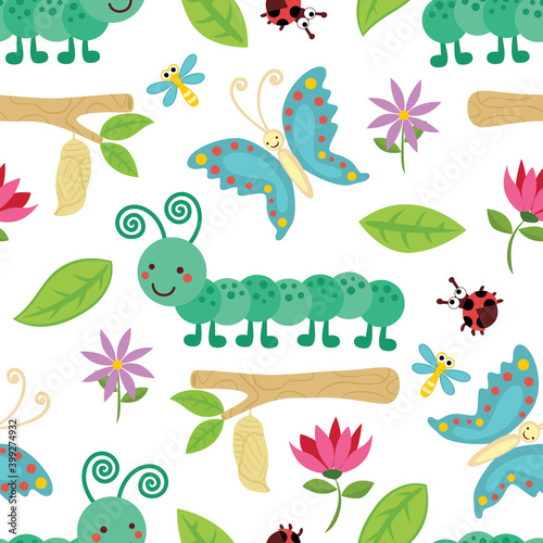 Seamless pattern vector of bugs cartoon, caterpillar to butterfly with flower