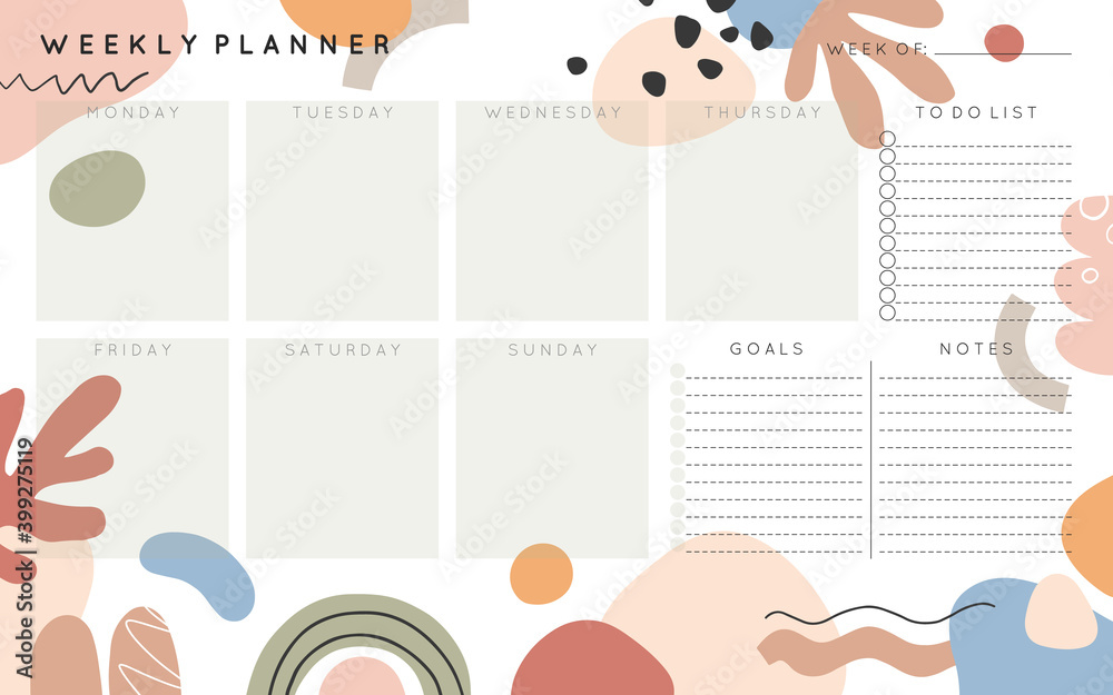 Vector weekly planner template with abstract shapes and doodles in neutral earthy tones.Organizer and schedule with place for notes,goals and to do list.Trendy childish style.Abstract modern design.