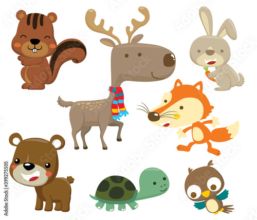 Fototapeta Naklejka Na Ścianę i Meble -  Animals set cartoon. Deer, squirrel, bunny, fox, bear, turtle and owl.