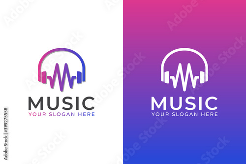 modern gradient color sound wave letter M with headphone music logo design