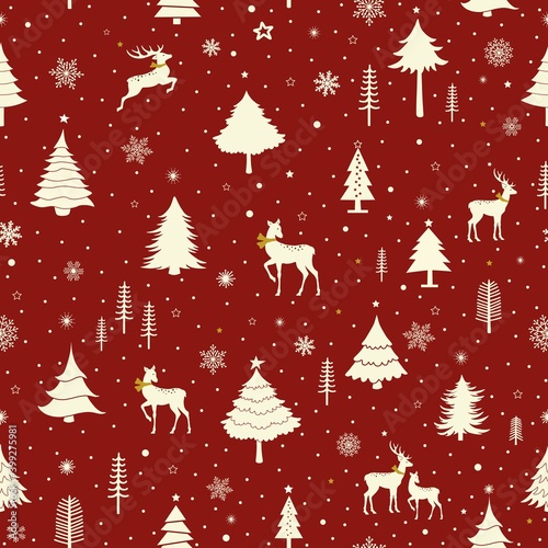 Seamless pattern with stylized Christmas trees and deer