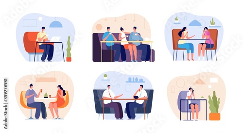 People in cafe. Person drink espresso, flat modern friend group in cafeteria. Isolated man woman meeting dating in restaurant vector concept. Cafe espresso, coffee table cafeteria illustration