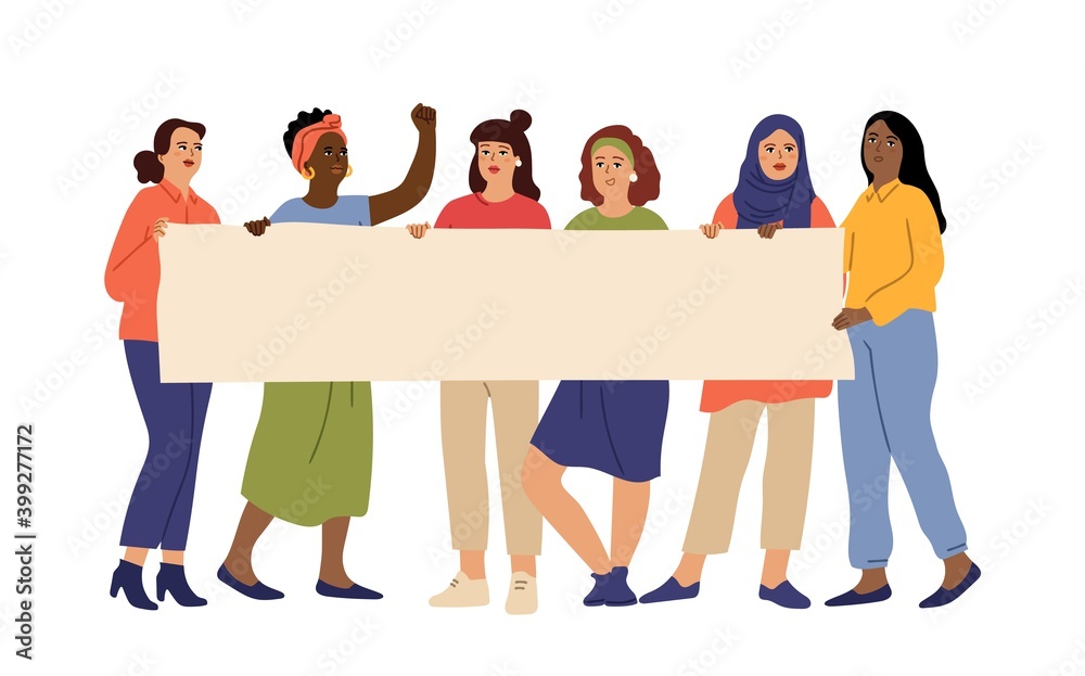 Obraz premium Women demonstration. People holding banner, feminism or protest girl group. Isolated friends standing together, female rights vector concept. Illustration protest and demonstration, banner protester