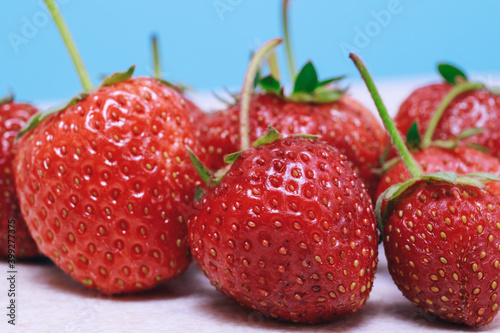 Fresh ripe strawberries on blue background . Close-up. Macro.