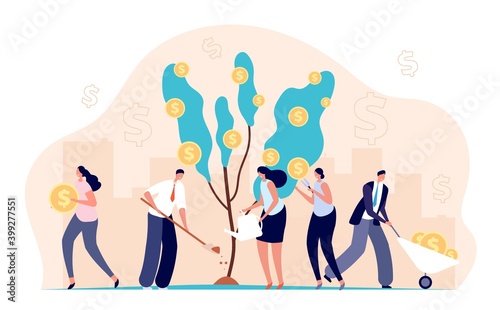 People growth money. Investment bankers, financial income profit metaphor. Cartoon coins on tree, successful business utter vector concept. Money finance, businessman profit investment illustration