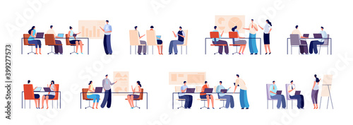 People on business training. Persons with computer, business group meeting. Modern office guys and coach with presentation utter vector set. Illustration training people in office, meeting corporate