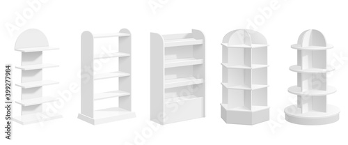 Product exhibit stand. Store display, modern blank supermarket shelf realistic mockup. White 3d promotional commercial rack recent vector set. Illustration showcase interior, advertising supermarket