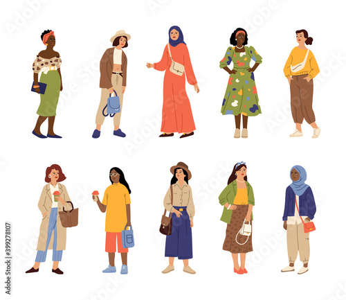 Different stylish women. Casual style woman, multicultural adults in trendy clothes. Isolated fashion dressed happy girls vector characters. Illustration casual people clothes, character fashionable