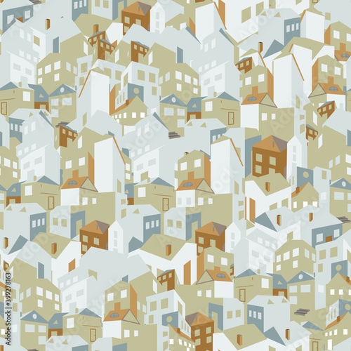 Multicolored houses in perspective, seamless pattern. Stylized decorative print on fabric or wrapping paper. Vector illustration