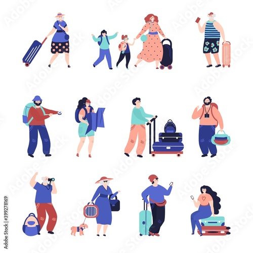 Travel people. Travellers couple, seniors tourist with suitcase. Single vacation character, airport decent female male passengers vector set. Illustration woman and man, family travel