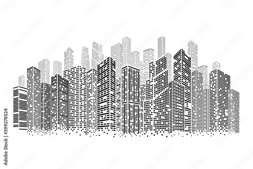 Dots buildings. Isolated architecture city, square cityscape on skyline. Modern construction, business towers recent vector concept. Illustration city construction and architecture, building office