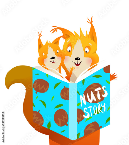 Cute squirrel mother reading a book to her child. Animals cartoon for kids education study and storytelling. Children vector illustration in watercolor style.