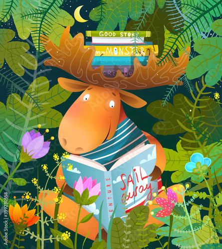 Moose in forest reading story book or studying and learning. Smiling animal greeting card design for kids education. Children vector illustration in watercolor style.