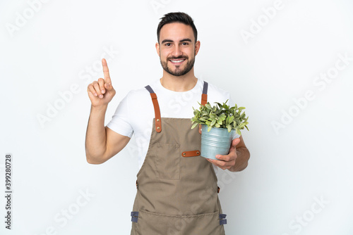 Gardener man holding a plant isolated on white background pointing up a great idea
