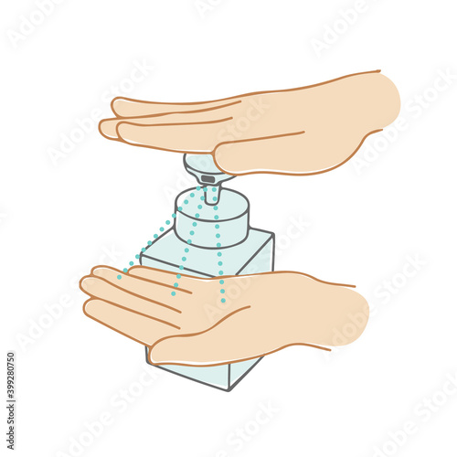 Illustration of disinfecting hands with hand sanitizer (Illness Prevention, Hygiene)