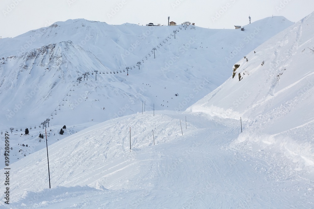 Skiing slope in the French Alpes, Paradiski, La Plagne