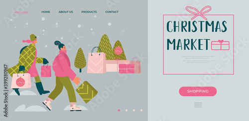 Holidays discounts or sales application tamplates. Concept for landing page or banners on holidays discount or sales. Flat cartoon vector illustration. Women going to by gifts on New Year or Christmas