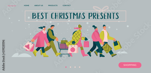 Holidays discounts or sales application tamplates. Concept for landing page or banners on holidays discount or sales. Flat cartoon vector illustration. Group of funny people going to by gifts on New Y