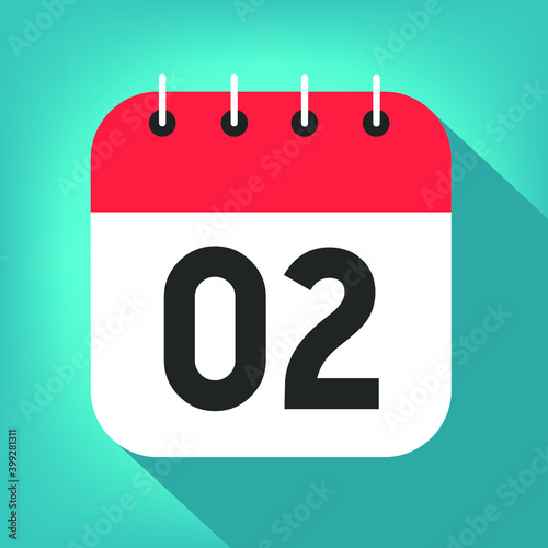 Calendar day 2. Number two on a white paper with red border on blue background vector. photo