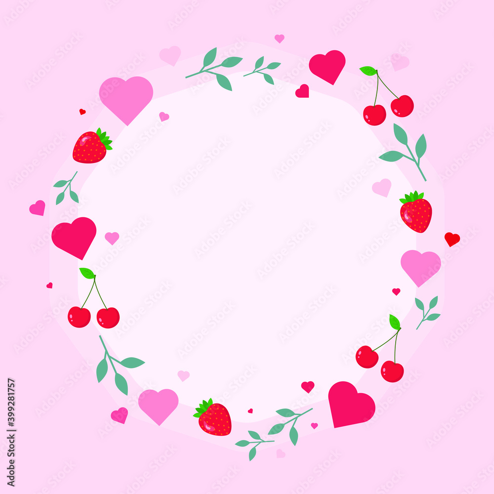 This is a cute Valentine’s Day frame background with hearts and strawberries. Cute vector card. 