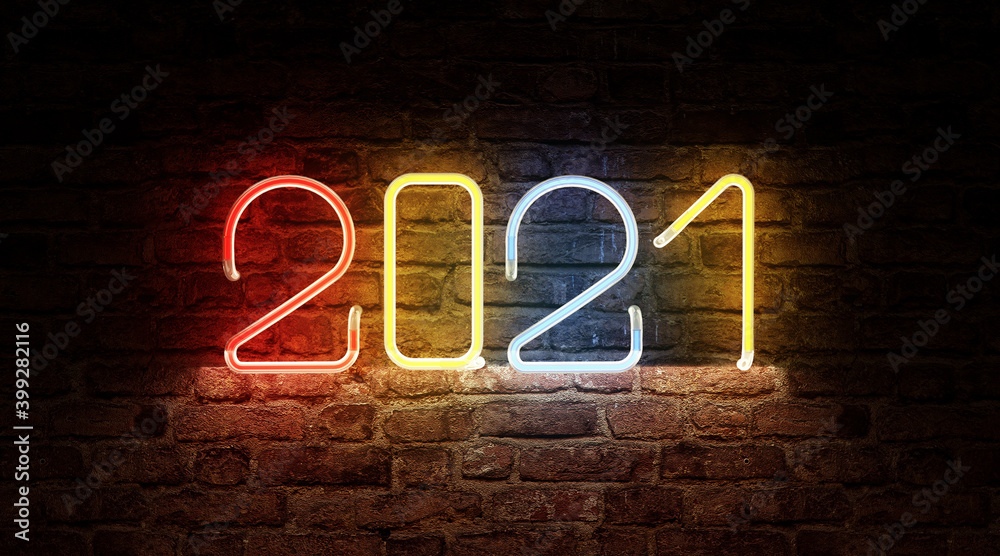 Color Neon light of 2021 New Year Symbol on brick wall Color Neon light of 2021 New Year Symbol on brick wall