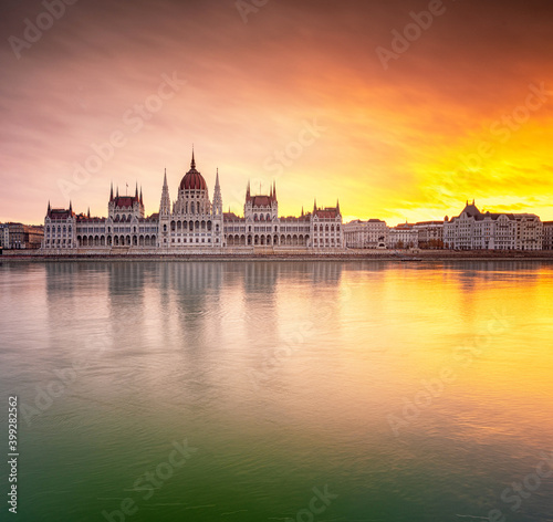 Wonderful sunset over the Hungarian Parliament in Budapest in winter