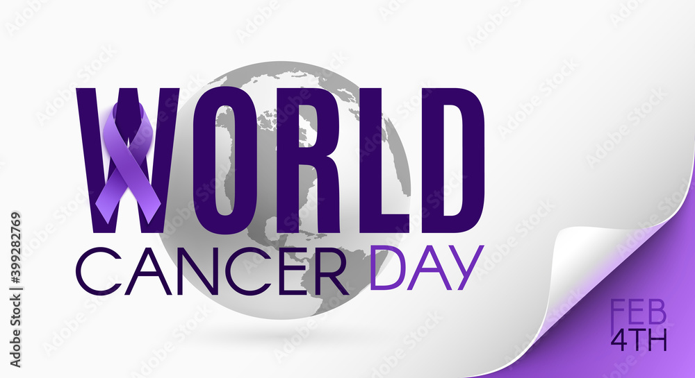 World cancer day background template with purple ribbon and earth icon.