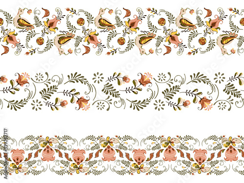 Vector floral set of seamless ornament border with flowers and birds in russian folk art painting style,