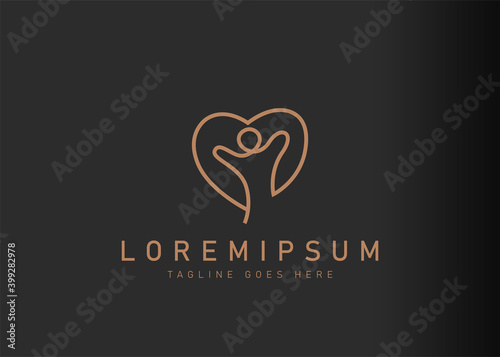 Human caring logo design. Vector illustration of abstract people and hearts in one line. Modern logo design with line art icon style.