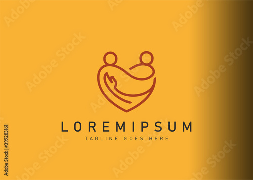 Human care logo design. Vector illustration of lovers with hearts. Modern logo design with line art icon style.