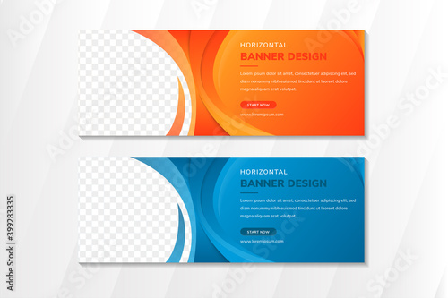 Set of abstract horizonal banner template design with curve element and orange gradient background. space for photo on right side. 