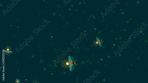 Firefly insects animation on green sparkling background with twinkling particles. Flying glowworm beetles motion graphics. Lightning bugs hovering at night. Wildlife concept. 
