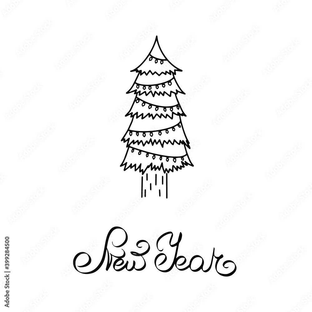 New Year calligraphy Black pine tree garland line counter handdrawn illustration. Christmas evening greeting post card winter cutout white background. Coloring page graphic design typography sign New Year calligraphy Black pine tree garland line counter handdrawn illustration. Christmas evening greeting post card winter cutout white background. Coloring page graphic design typography sign