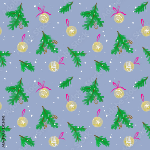 Winter pattern with fir branches and Christmas balls. Christmas seamless pattern suitable for wrapper, fabric, packaging. New year's illustration