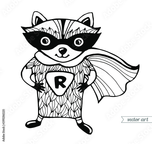 Raccoon superhero isolated. Funny cartoon character. Vector black and white. Coloring book pages for children, kids. Zentangle artwork. Illustration, print, poster, branding, logo, emblem