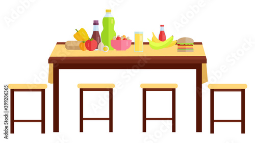 Wooden dining table with stools nearby. Furniture model made of wood for the interior of a room dining room. Arrangement of furniture at home. Table with food and drinks isolated on white background