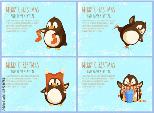 Merry Christmas and Happy New Year greeting cards with penguins. Artick bird with Santa stockings, skating and waving wing, opening Xmas wrapped present, vector