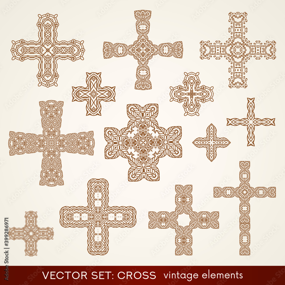 Cross shape collection. Religious symbol of Christian faith isolated on background. Vintage vector element set useful as art decoration for religious holiday