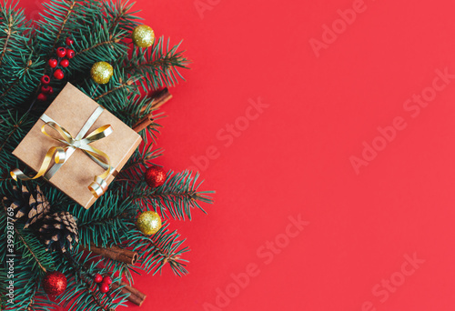 Christmas background with spruce branches, red berries, cones, cinnamon sticks and gift box.