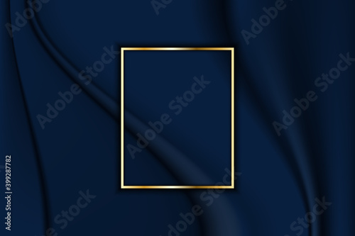 Luxury frame line rectangle golden border and overlapping decoration on crumpled fabric blue dark background. Vector illustration