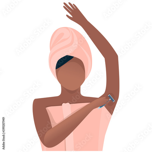 An African-American woman removes unwanted hair from the body, shaves it off with a razor. Illustration on the theme of health and care of skin and body. Compliance with the rules of hygiene