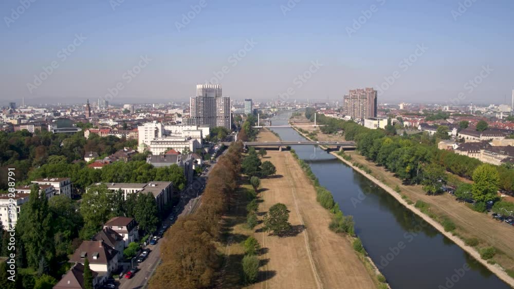 Flight above River Neckar in Mannheim City Panorama Flight above River Neckar in Mannheim City Panorama
