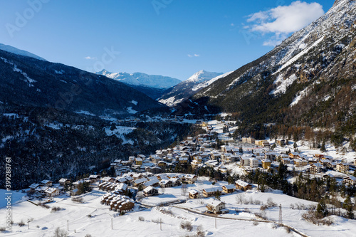 Valdidentro near Bormio, Italy, aerial view  in winter