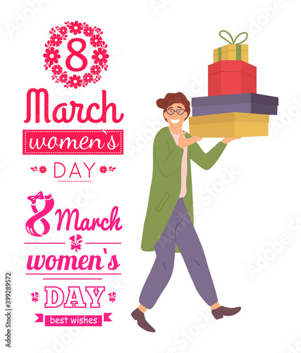 Smiling man with gift boxes in his hands. Young guy carrying presents on white background. Male character in store is prepairing for the March 8. Celebrating the International Women s Day concept