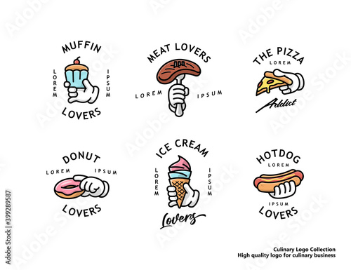 CULINARY LOGO SET FOR BUSINESS MUFFIN STEAK PIZZA DONUT ICE CREAM AND HOTDOG