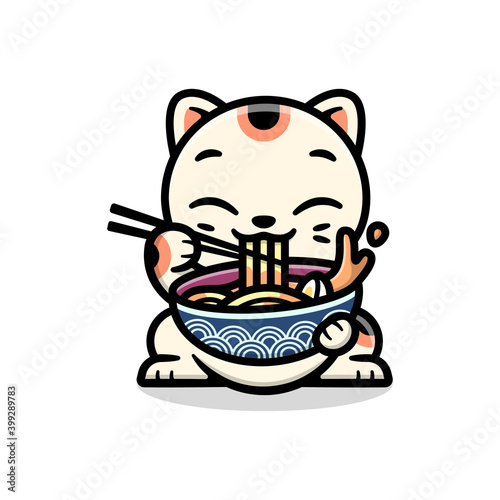 CUTE LUCKY CAT EATING A BOWL OF RAMEN CARTOON CHARACTER
